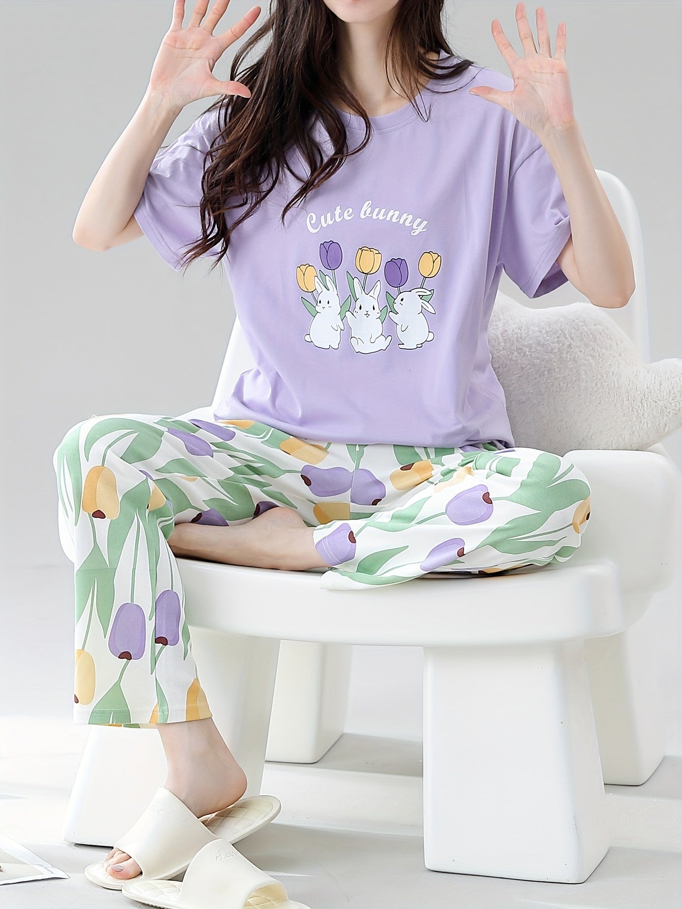 Spring and Autumn Women's Pajama Set: Short Sleeve, Long Pants, Casual Flower Rabbit Design for Both Indoor and Outdoor Wear.