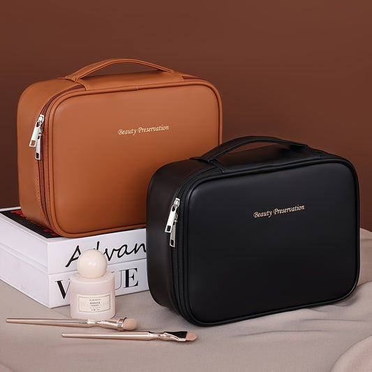 Spacious multi-layer PU cosmetic bag with brush holder, portable storage for beauty essentials, perfect gift for couples.