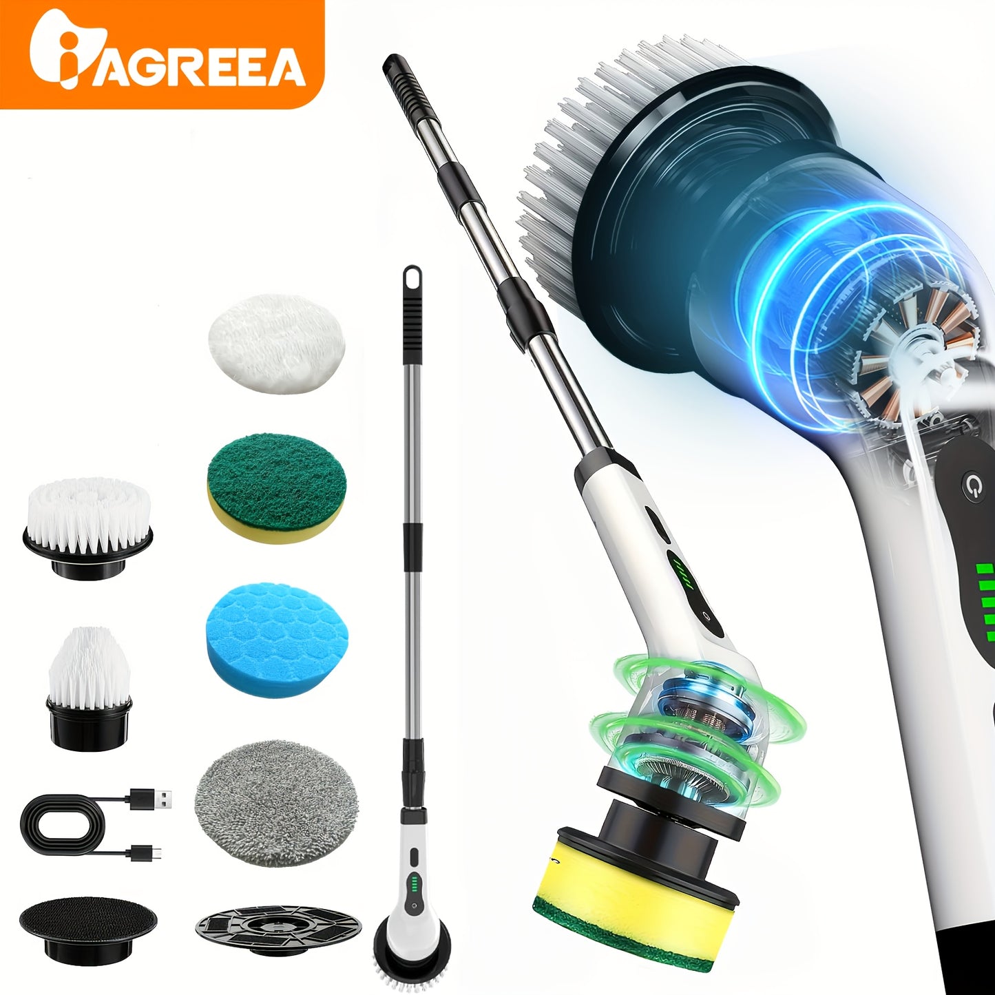 IAGREEA 6010 Wireless Electric Spin Mop with Interchangeable Brush Heads, Telescopic Handle, Cordless 360° Cleaning for Bathroom, Tile, Floor - USB Charging, Rechargeable Lithium Battery.