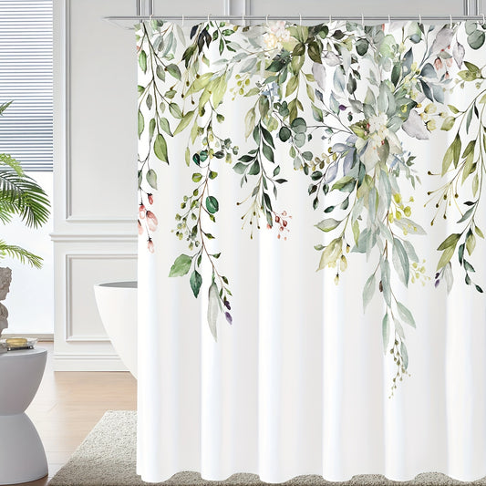 Waterproof Eucalyptus Shower Curtain featuring Watercolor Plant Leaves Floral Design, Includes Hooks.