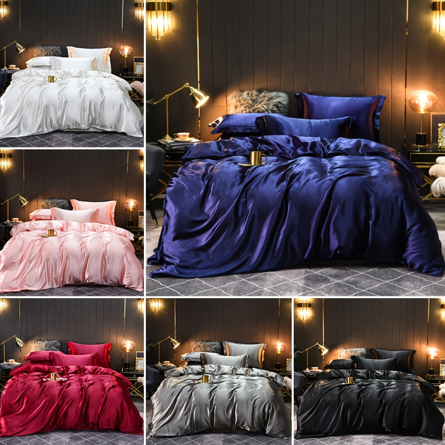 Three solid color satin duvet covers, silky and soft to the touch. Skin-friendly and comfortable, with breathable and sweat-absorbent properties. Perfect for bedrooms and living rooms. Set includes one duvet cover, two pillowcases, no duvet insert