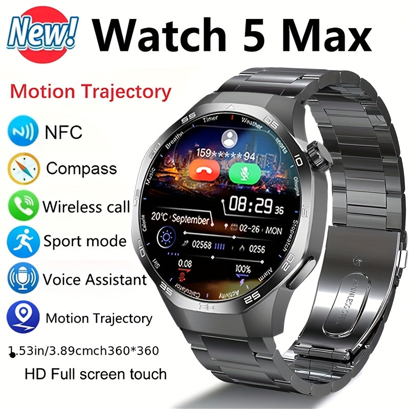 2025 New GPS Motion Trajectory Smart Watch for Men Watch 5 Max with AI Voice Wireless Call NFC, 100+ Sports Modes, Outdoor Sports Men'S Smart Watch, Fitness Tracker with Compass, Father'S