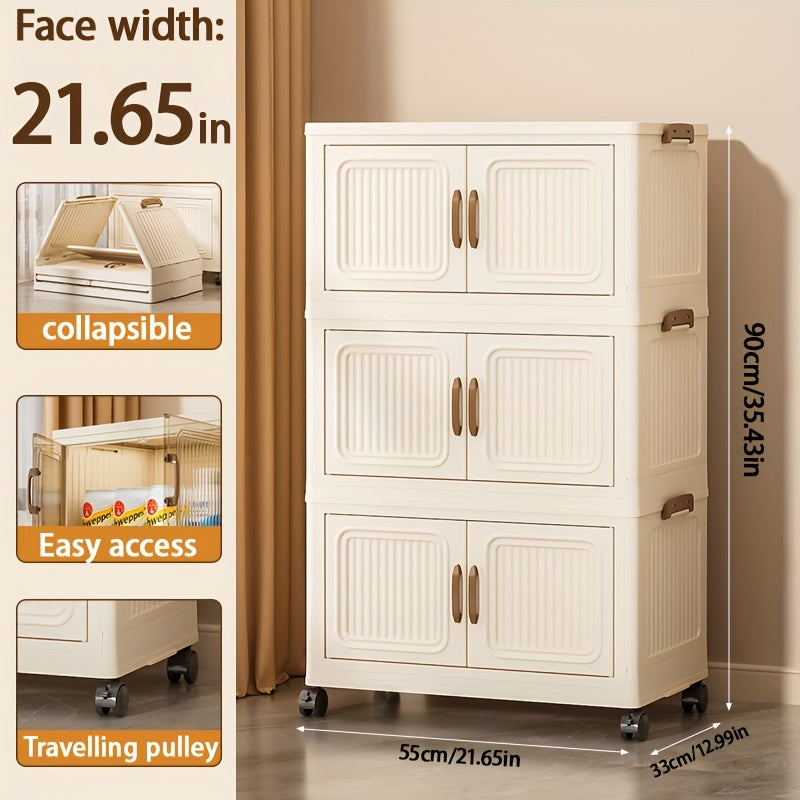 Spacious Foldable Storage Cabinet with Doors & Wheels - Available in 3, 4, or 5 Layers, Waterproof Plastic Organizer for Bedroom, Living Room, Kitchen - Flexible Home Storage Solution with Utility Hooks