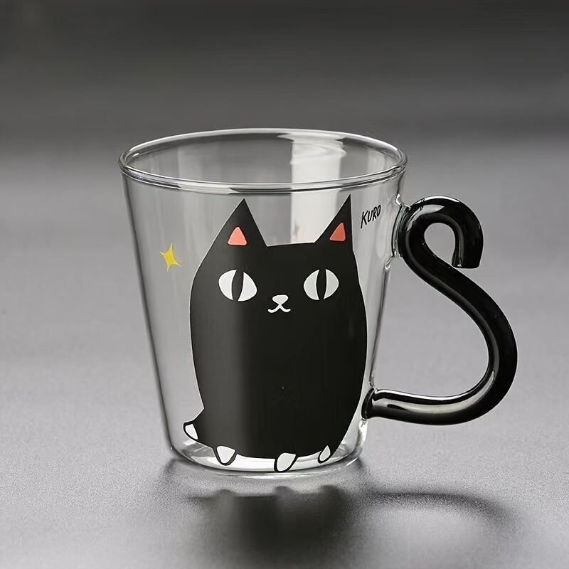 8.8oz Cute Cat Glass Mug made of high borosilicate glass, heat & cold resistant, reusable with animal print design for all beverages - handwash only.