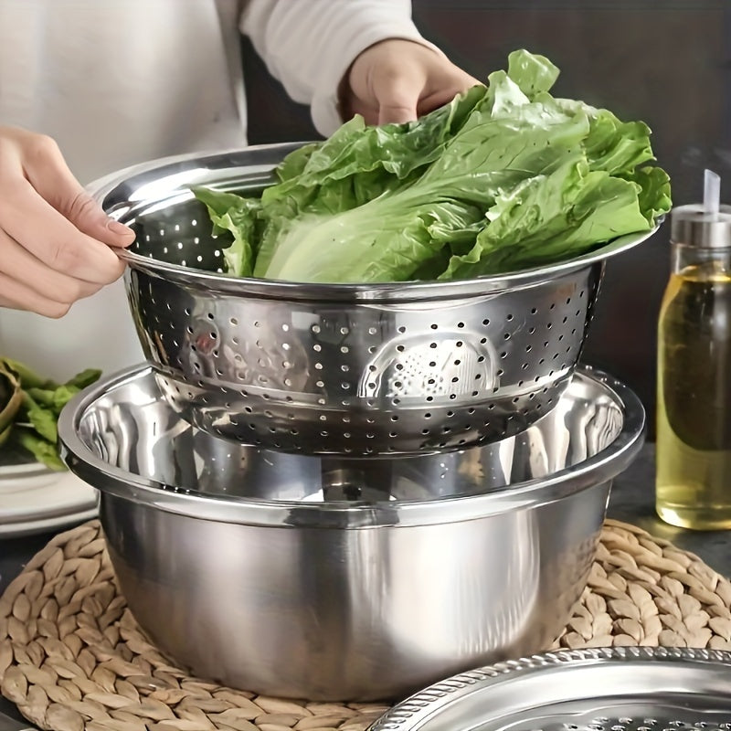 3-piece stainless steel kitchen set featuring an integrated grater, multifunctional strainer, and mixing bowl. Ideal for washing and slicing fruits, vegetables, and cheese. These food-safe prep bowls also come equipped with a drainage system for added