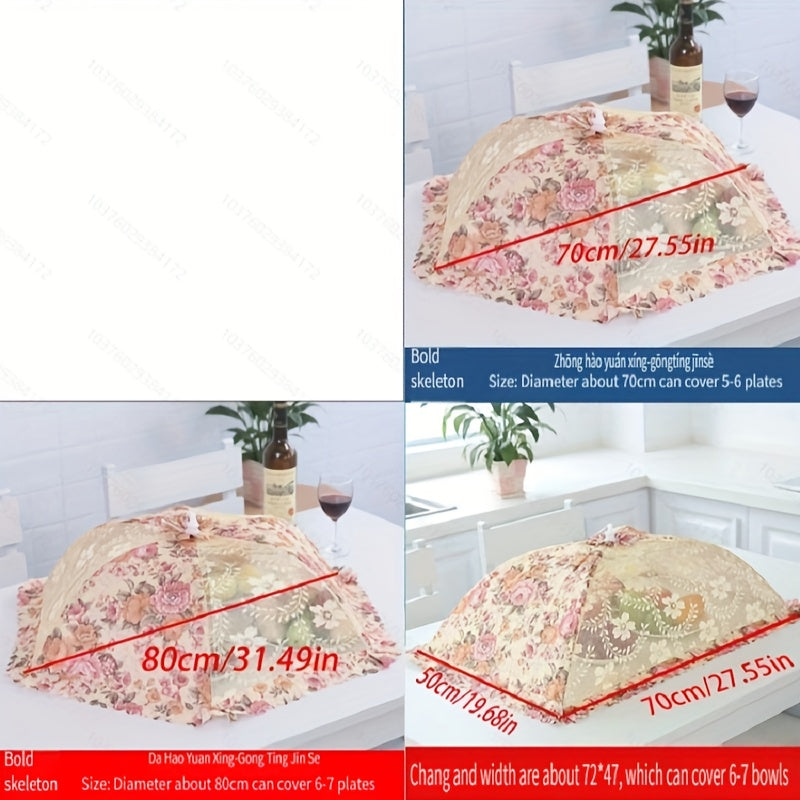 1 piece, premium foldable floral food cover with large capacity, rectangular and round shapes, and fabric mesh to protect against flies and dust.