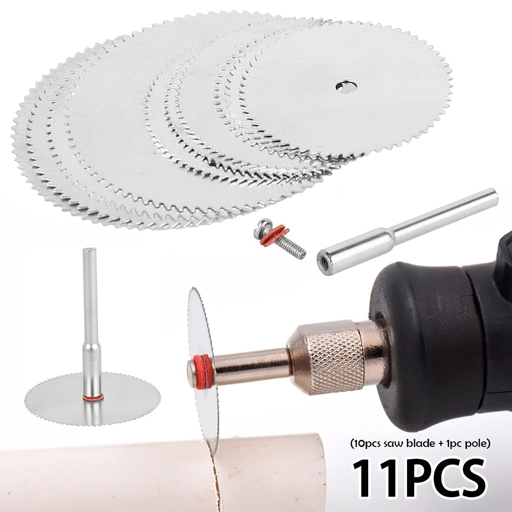 11-piece set of HSS Circular Saw Blades for wood cutting, includes 10 blades and 1 pole.