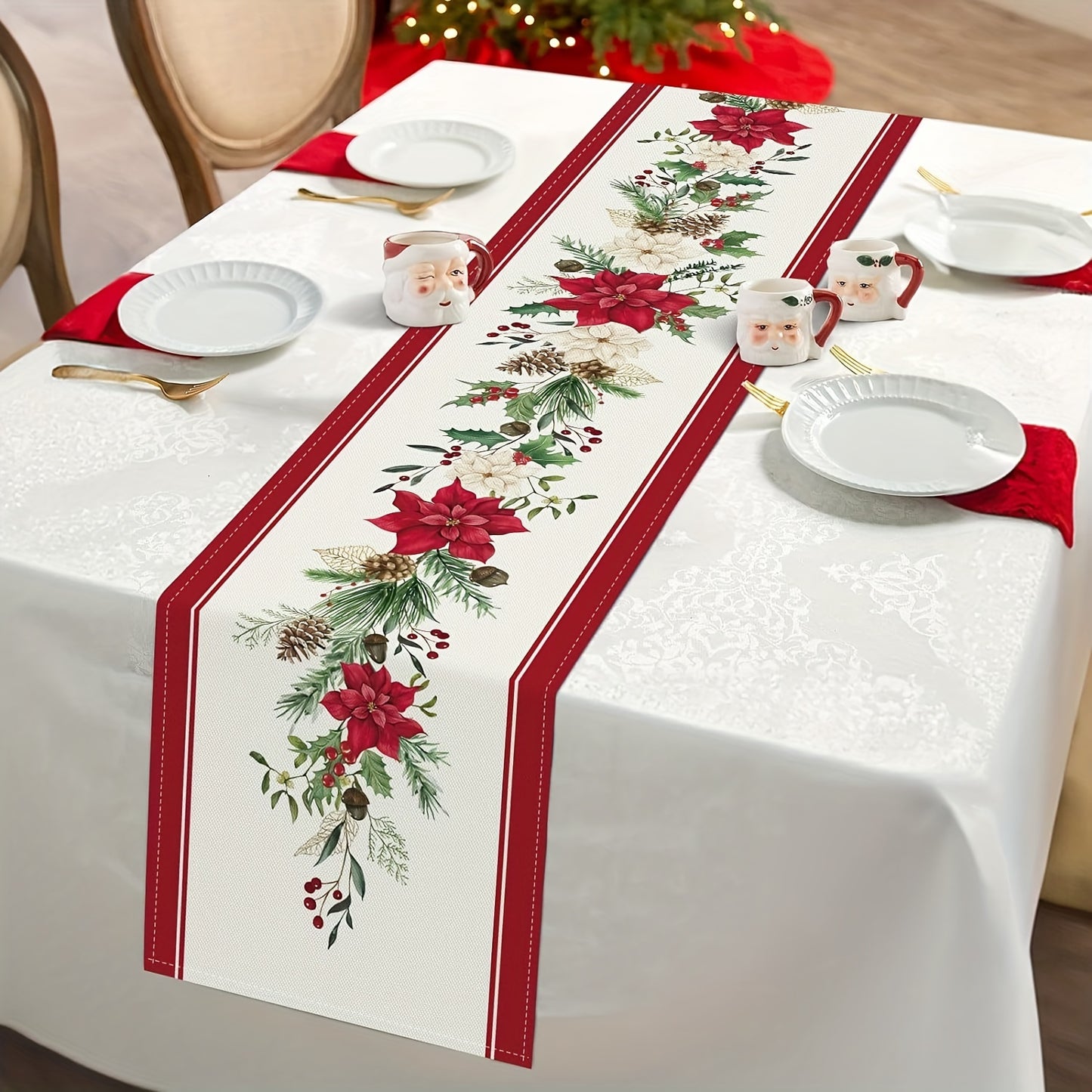 Christmas table runner with red poinsettia and pine branches, available in various sizes for indoor or outdoor home parties.