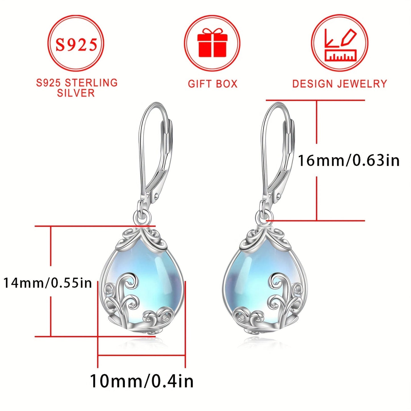 Sterling Silver Drop Earrings with Synthetic Moonstone Teardrop and Floral Design, Silver Plated, Hypoallergenic, Perfect for Women for Special Occasions, Comes in Gift Box.