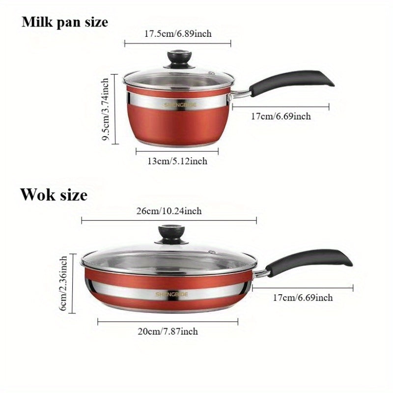 Set of 6: Budget-Friendly Hot Pot and Household Stainless Steel Cookware Set, including Frying Pan, Soup Pot, and Induction Cooker, in Colorful Kitchenware Design.