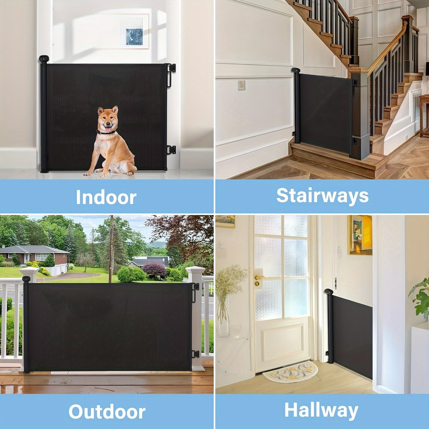 Indoor pet gate made of mesh, suitable for doorways, stairs, and hallways for indoor safety.