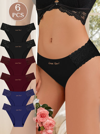 Six-pack of women's low-rise lace briefs in solid colors, designed for a sexy look.