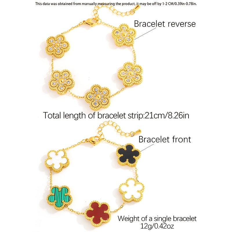 Set of 4 18K Golden Plated Stainless Steel Flower Bracelets with Rhinestones, Stylish Boho Design, Ideal Present for Girlfriend on Anniversary & Valentine's Day, Versatile Jewelry for Any Season