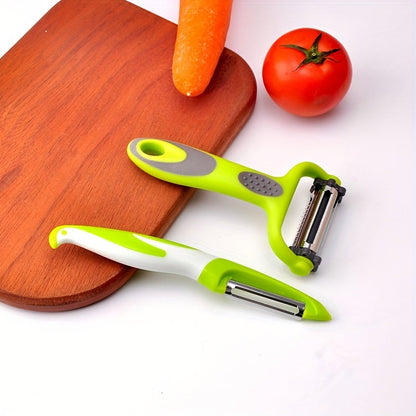 Set of 3 kitchen tools including fruit peeler, vegetable peeler, and grater. Can also be used as a shredder and multifunctional vegetable cutter. Great for cutting and peeling fruits and vegetables in the kitchen. Essential for dorm living.