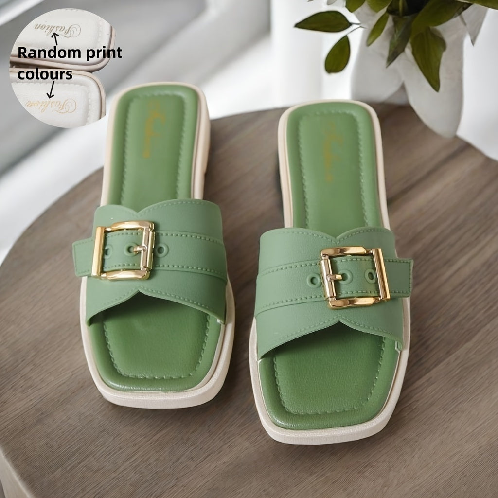 Women's slide sandals with buckle strap design, square open toe, and lightweight construction.