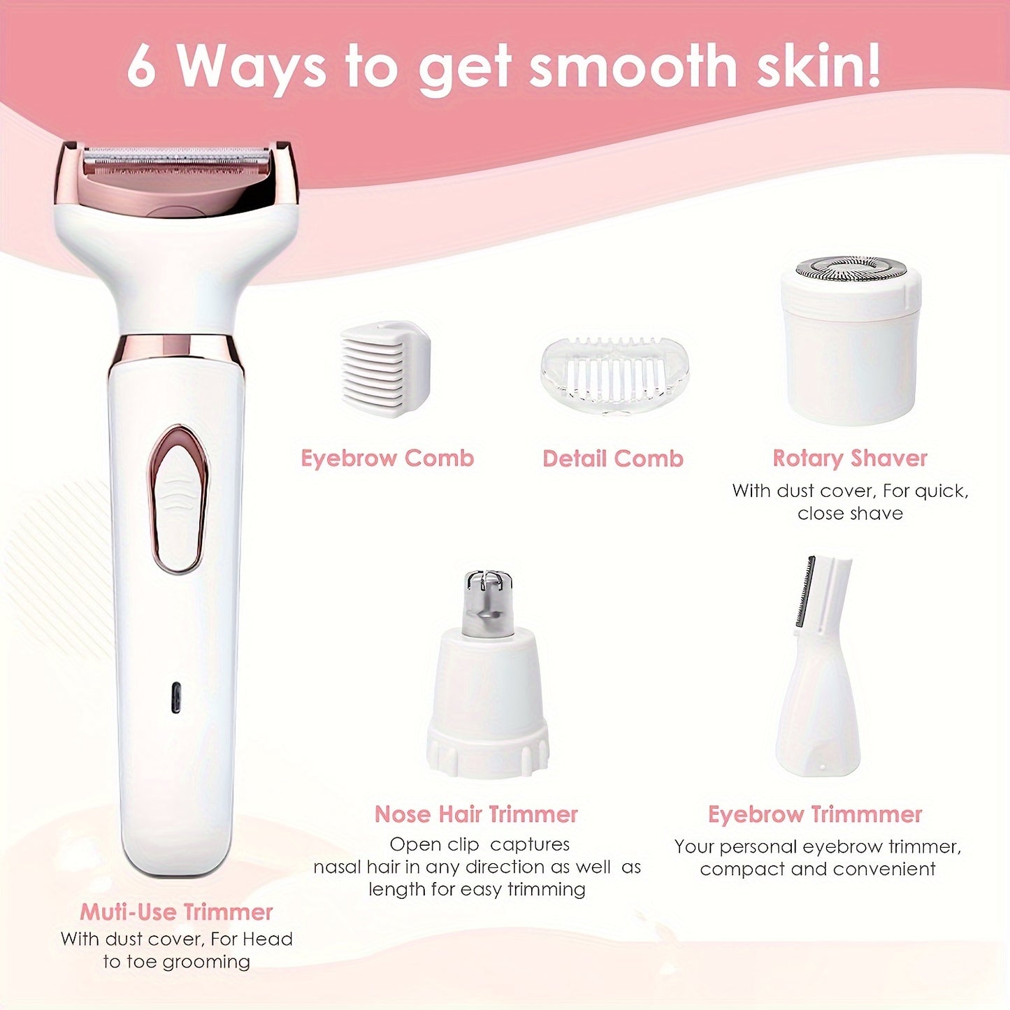 4-in-1 Women's Electric Shaver Kit with USB rechargeable, stainless steel blades for face, nose, legs, and bikini area - Ideal gift for her.