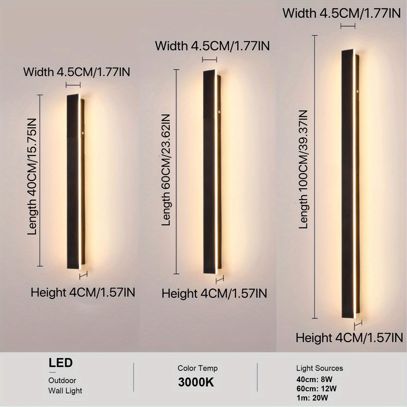 Modern indoor/outdoor 20W LED wall light in warm light, 100.0 cm long, black, suitable for living rooms, porches, garage doors, and yards.