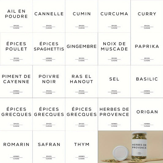 A collection of 23 French kitchen labels, each measuring 2x2 inches (5x5cm). These self-adhesive labels are waterproof, clear, and perfect for organizing spices and condiments.