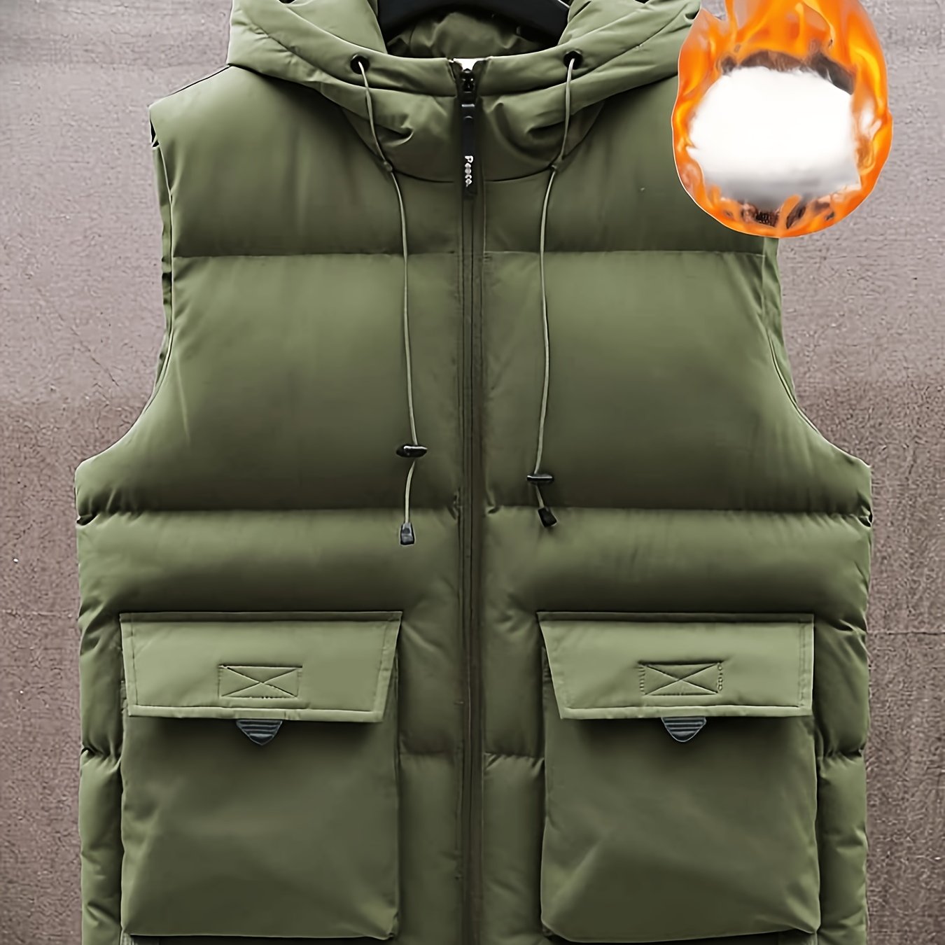 Men's Winter Hooded Vest with Thick Fleece-Lining, Multiple Pockets, Stand Collar, and Zipper Closure for Outdoor Wear.