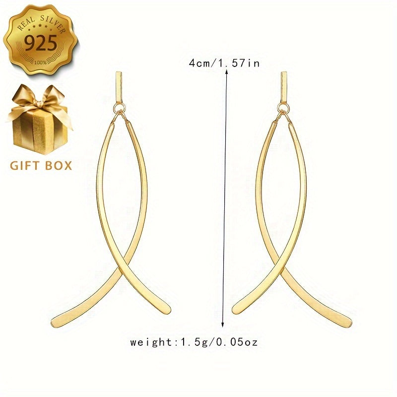 925 Sterling Silver Long Dangle Earrings, Elegant Hypoallergenic Design with Stylish Cross Pattern, Comes in Gift Box