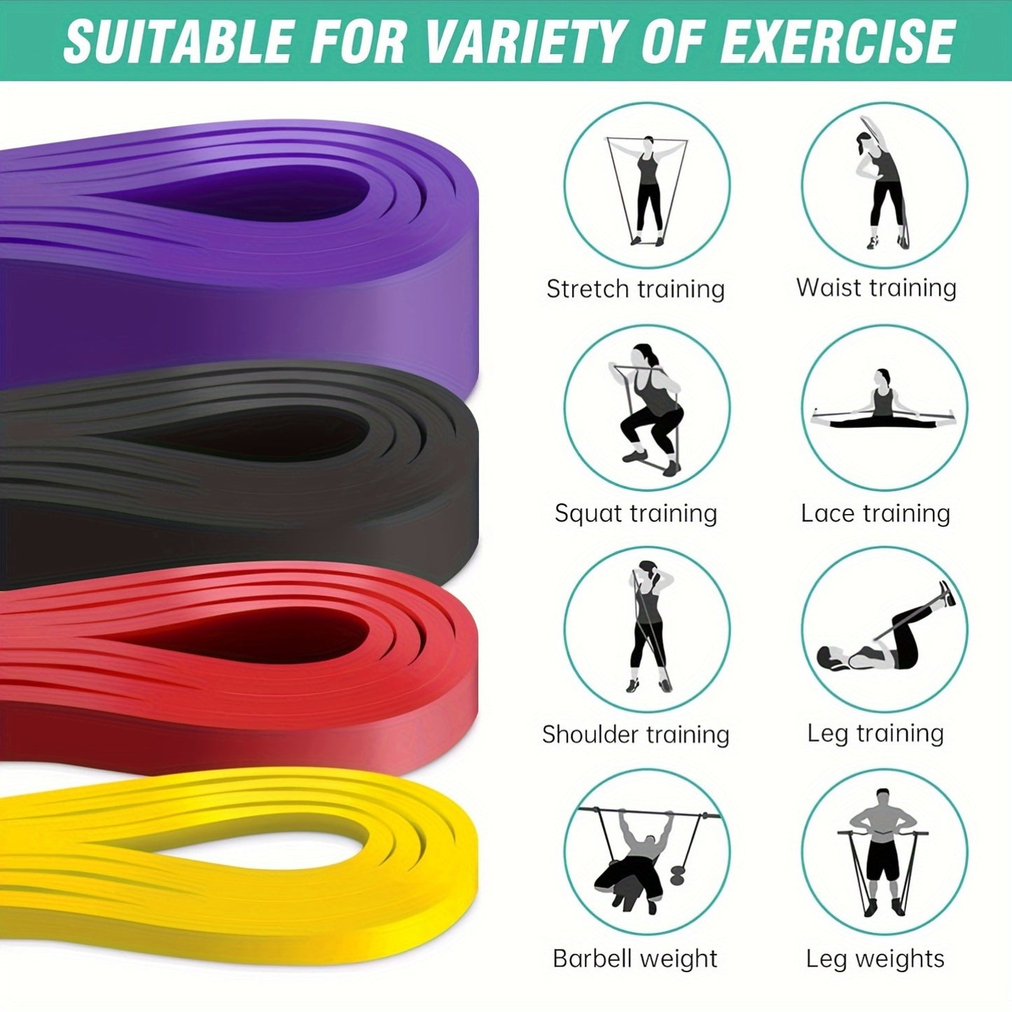 4-piece set of resistance bands for muscle training and shaping. Medium tension level, made of TPE material. Suitable for gym, home, and outdoor use. Perfect for exercise, pull up