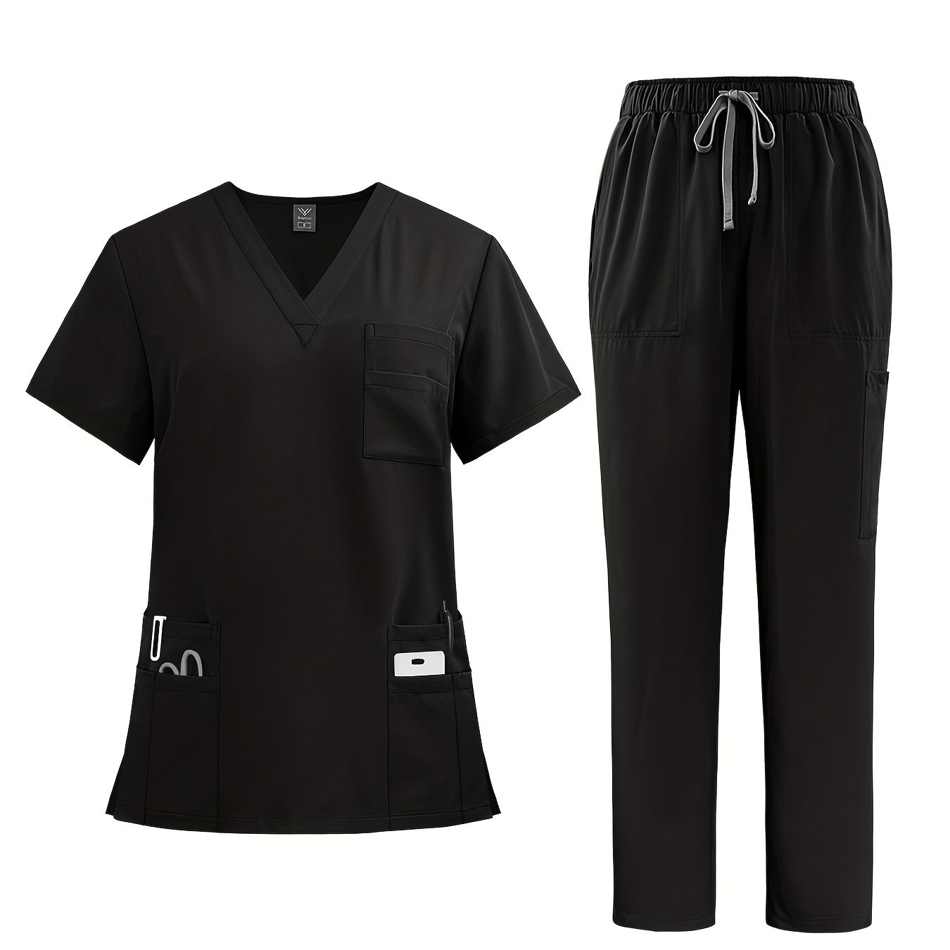 Premium polyester spandex scrubs set with V-neck shirt and straight-leg pants for nurses and surgeons.