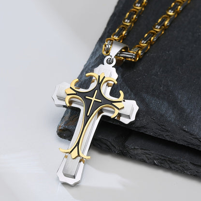 Men's Fashionable Byzantine Necklace with Double-layer Stainless Steel Cross Pendant