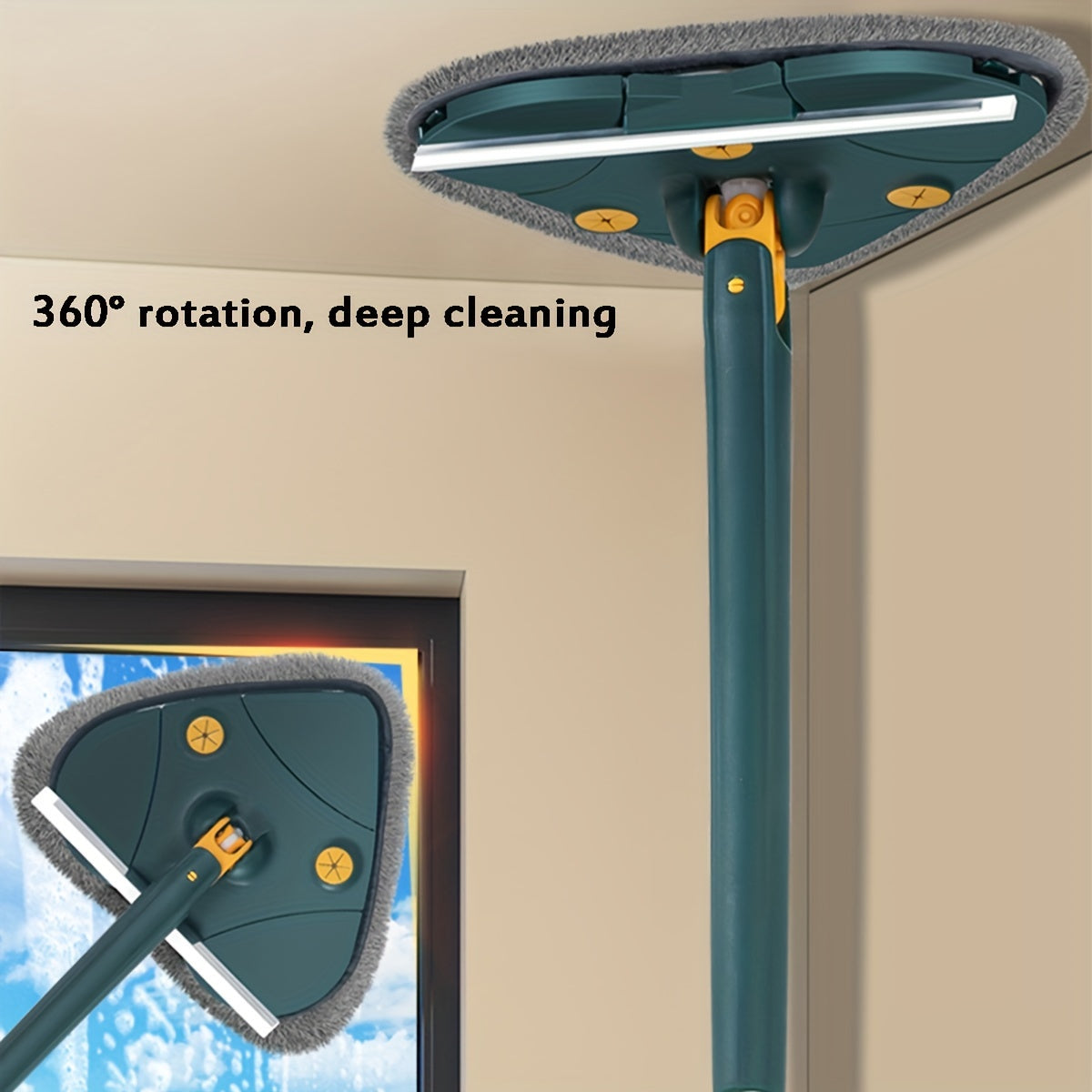 Extendable squeegee with integrated scraper and mop. Hands-free wringing flat mop for household, bathroom, kitchen, glass, and floor cleaning. Love heart shape design. Made of plastic and stainless steel. versatile and multipurpose cleaning tool.