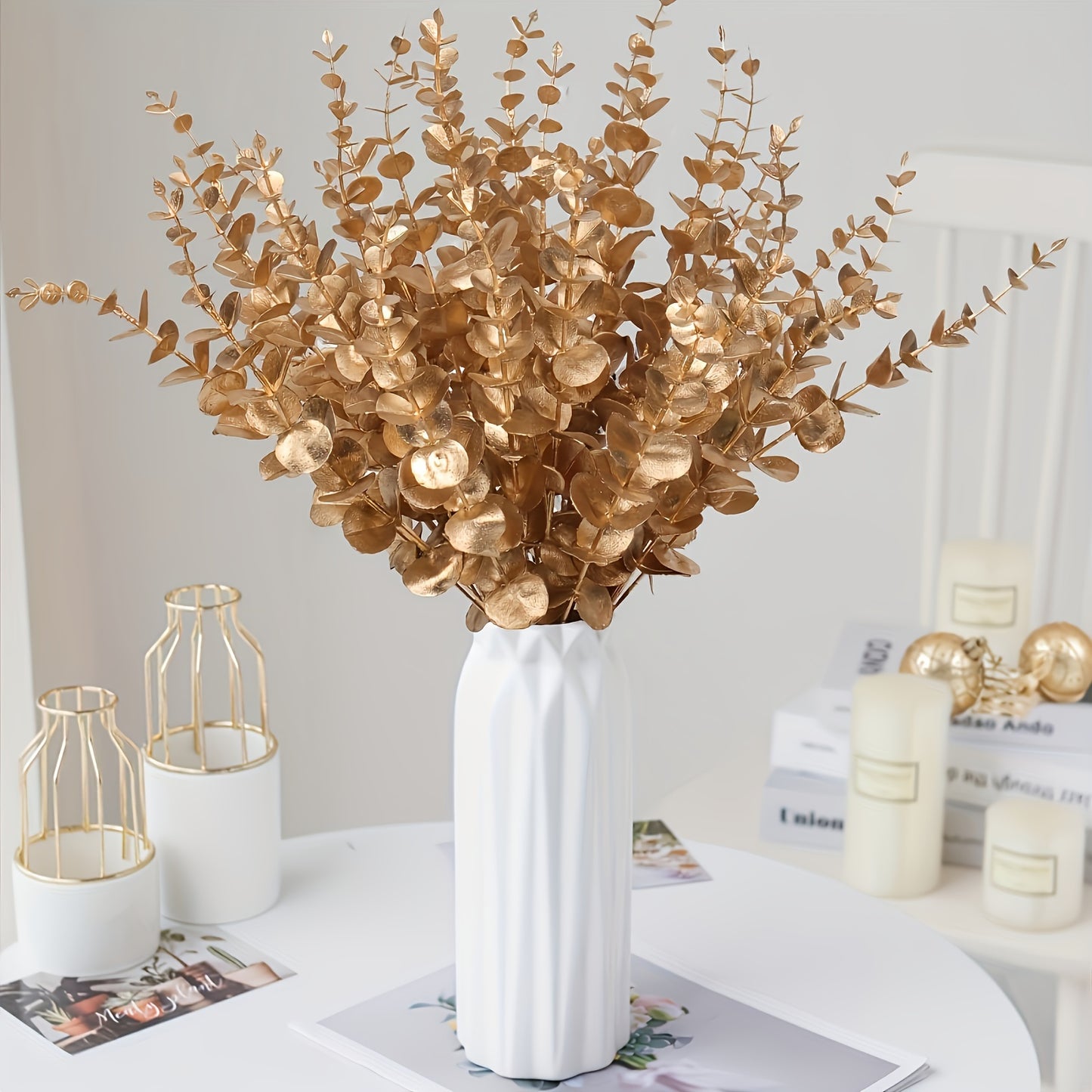 10pcs Golden Eucalyptus Artificial Plants - Durable Fake Leaves for Indoor/Outdoor Decor - Versatile for Centerpieces, Weddings, Christmas, and Garden Decor