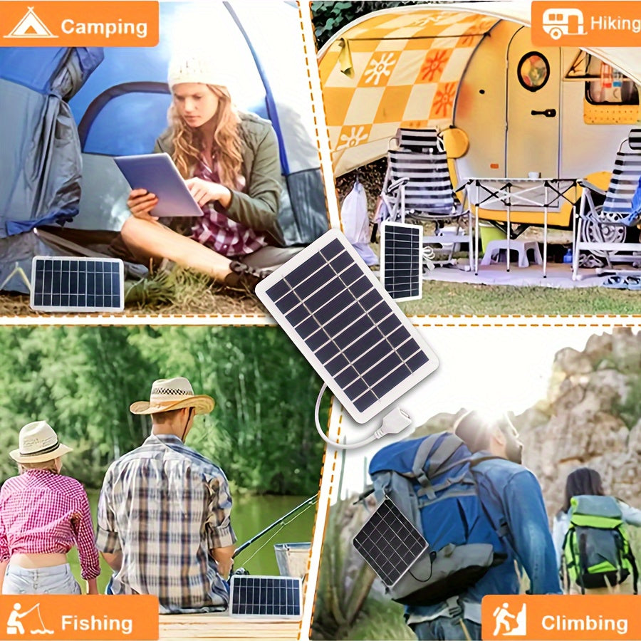 Lightweight USB solar charger for outdoor activities like camping, hiking, fishing, and travel. Operates at ≤36V with female to male polarity and 0-5W output power, no battery required.