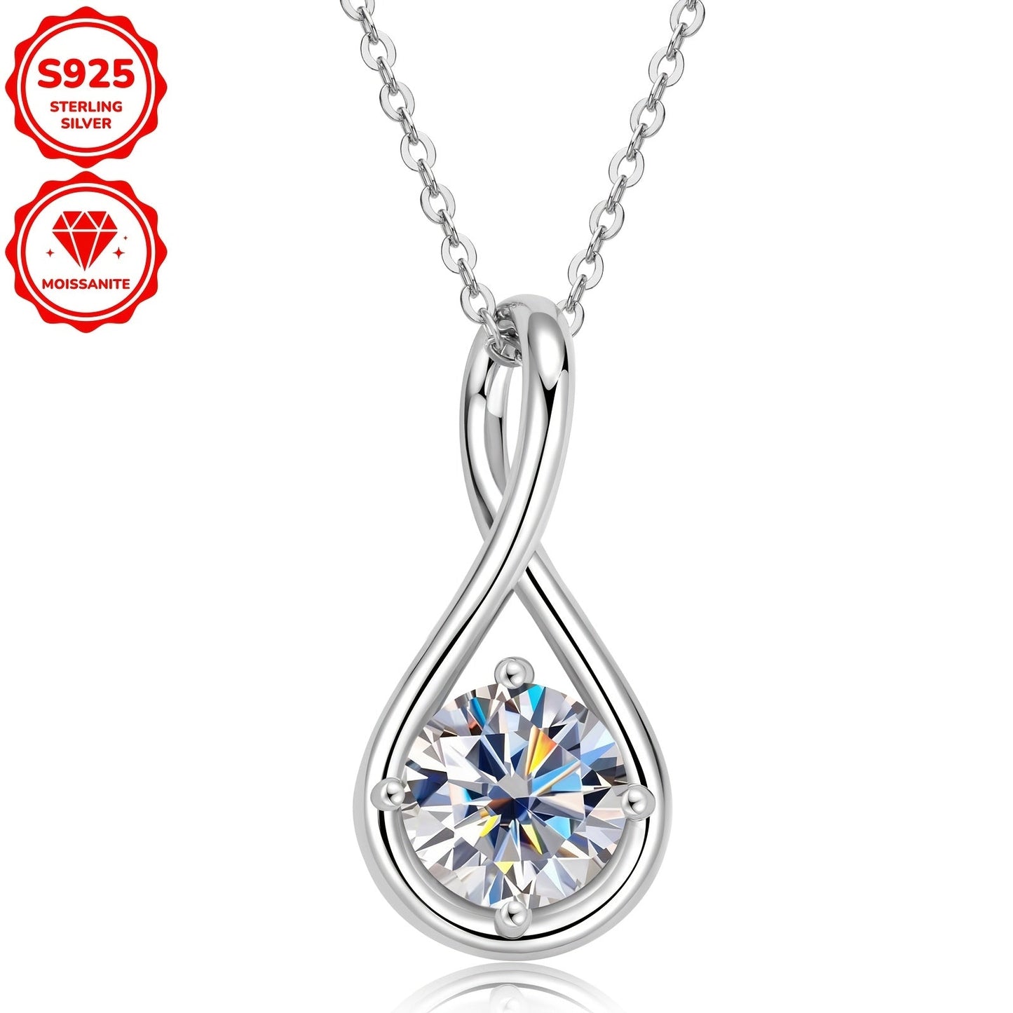 Elegant 14K Gold Plated 925 Sterling Silver Moissanite Pendant Necklace featuring a 8mm D Color Infinity Theme Synthetic Stone. This simple vacation style jewelry has a total weight of 2 carats and comes with a 20-inch chain. Perfect for weddings