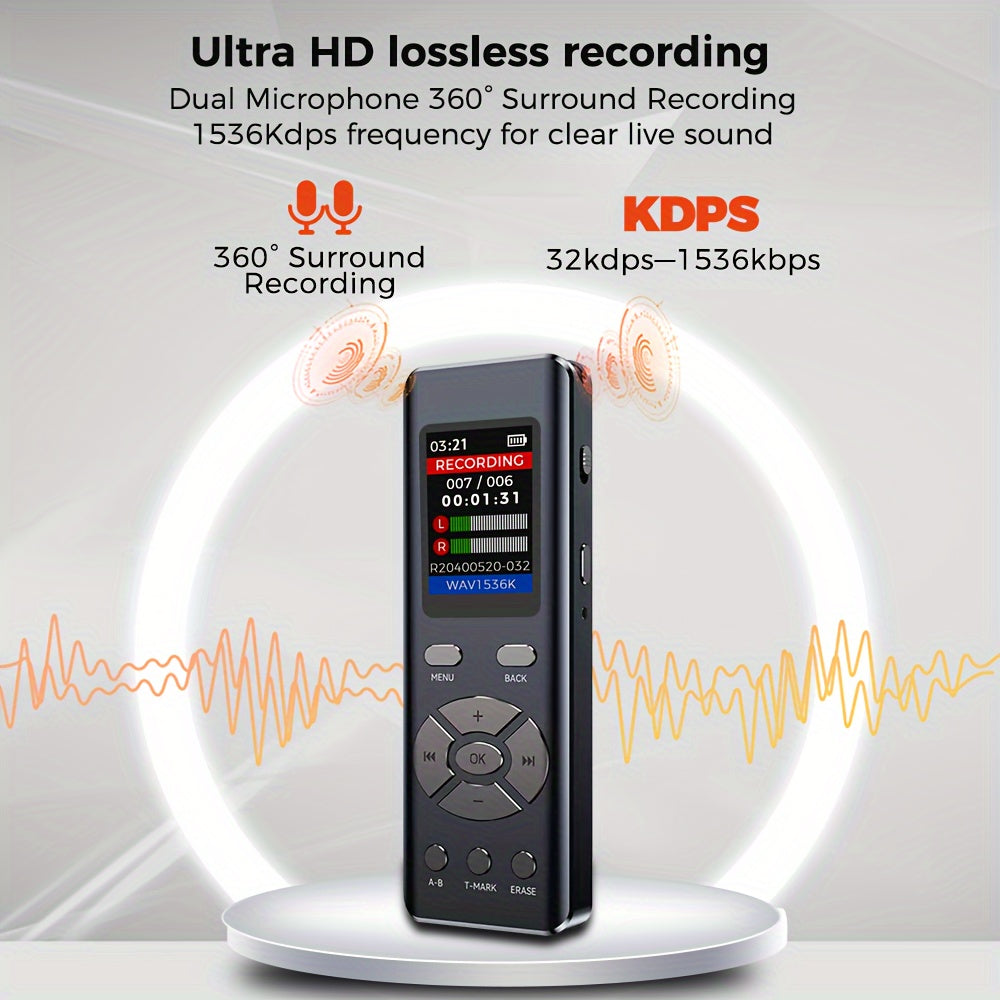 Cappsu 72GB Digital Recorder with Dual Microphone, HD Recording, A-B Repeat, Noise Reduction, Voice Activation, and headphone/microphone compatibility.