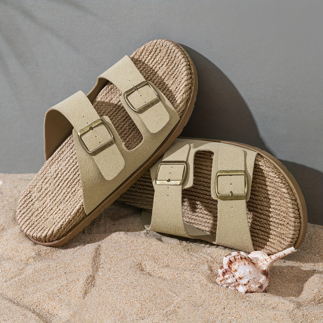 Men's solid color open toe slippers with buckle straps, breathable and comfortable EVA sole, perfect for the beach or casual wear.