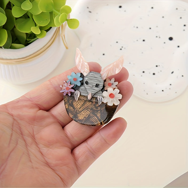 Elegant Acrylic Kangaroo Brooch Pin with Floral Embellishments - Novelty Cartoon Animal Design - Fashion Accessory for Clothing, Backpacks, and Daily Parties