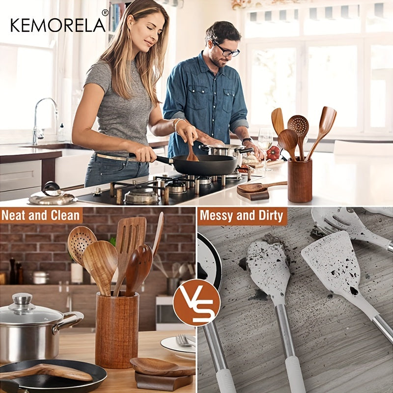 Set of 9 wooden spoons and utensils for cooking, complete with a utensil holder. Made from teak wood, this kitchen utensil set also includes a spoon rest. Perfect for all your cooking needs.