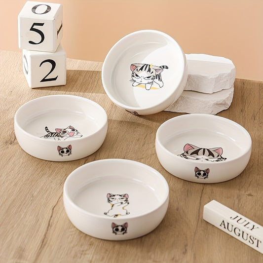 Cute cartoon cat print ceramic pet bowls for cats and dogs, non-slip, durable, ideal for all cat breeds