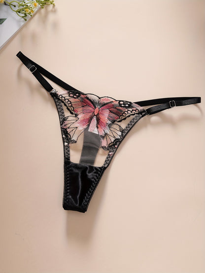 Sophisticated butterfly lingerie set with sheer mesh and embroidered details, includes underwire bra and thong in breathable fabric, hand washable.