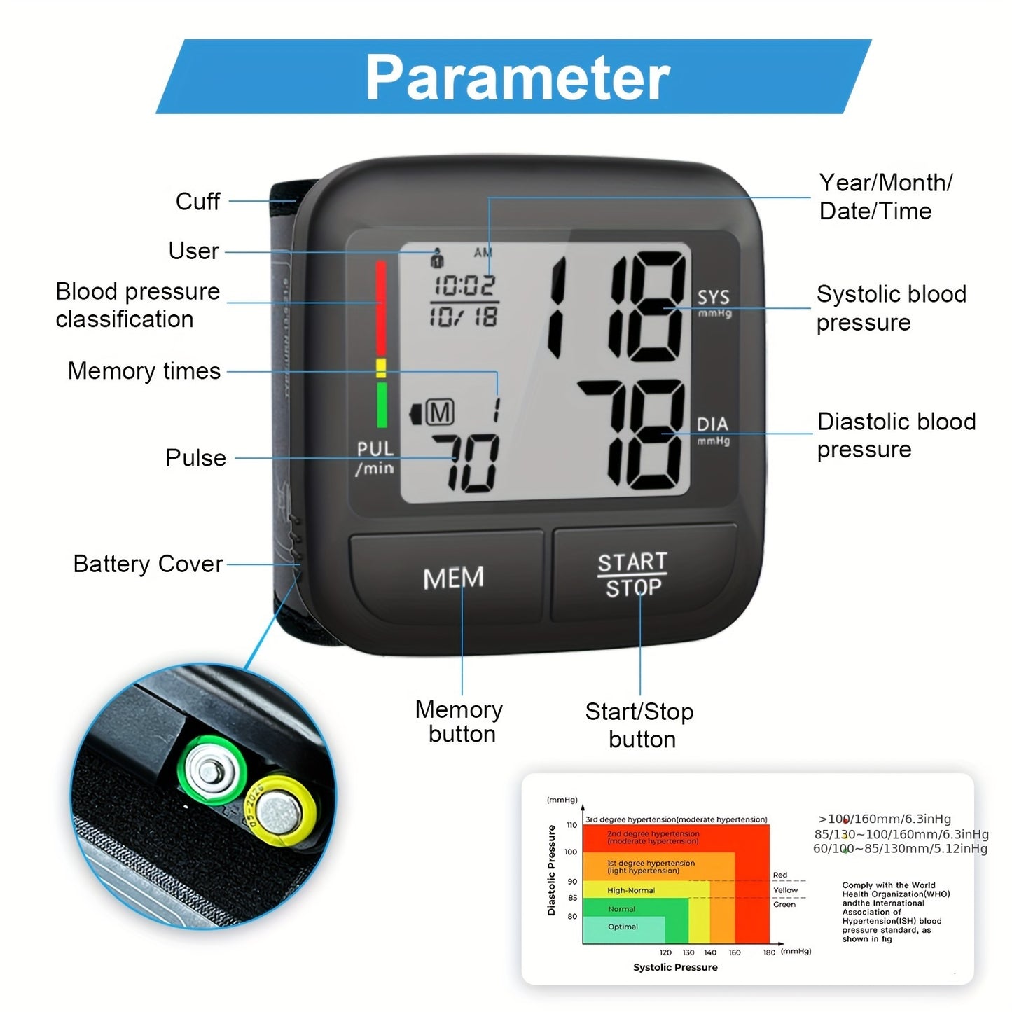 Portable wrist blood pressure monitor with large LCD display, automatic digital device, includes wrist strap and PP box.