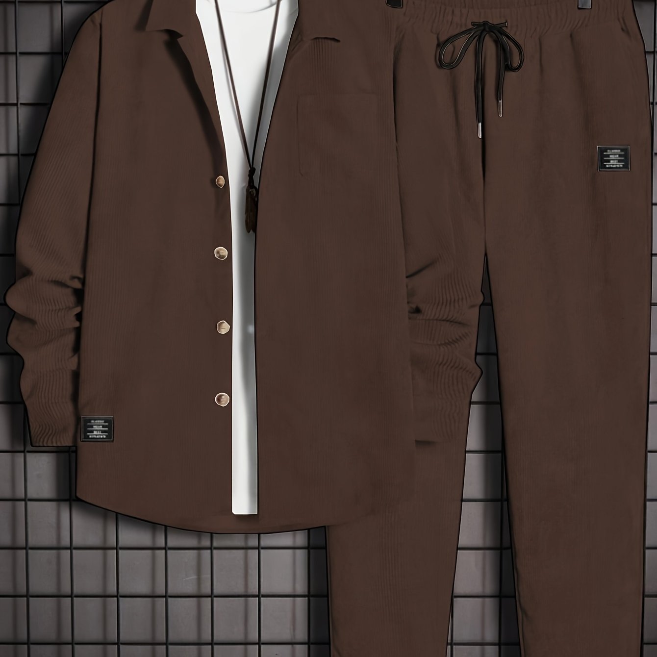 Men's corduroy lapel two-piece suit for daily or casual wear in autumn and winter, featuring slanted pockets, drawstring design, and loose fit.