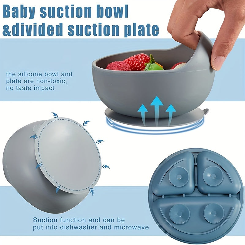 Set of 6 Silicone Feeding Items, Including Suction Bowl, Divided Plate, Self-Feeding Dish, Spoon, Fork, Sippy Cup, Adjustable Bib, and Eating Utensils for Led Weaning.