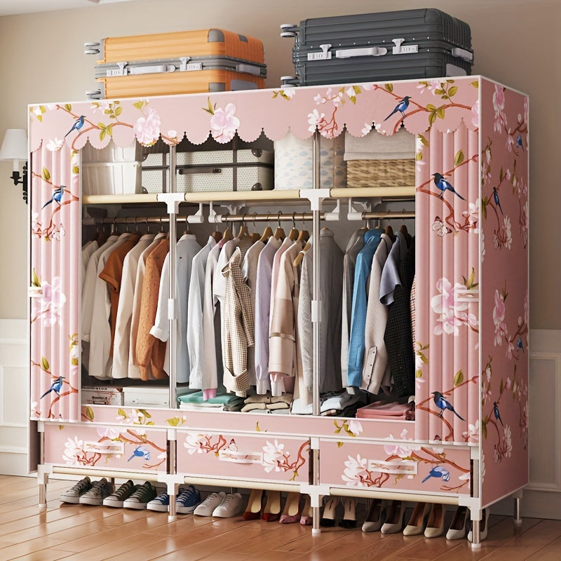 Beautiful Pink Floral and Bird Pattern Wardrobe - Simple to Assemble, Stylish Cloth Storage Closet with Cover to Keep Dust Away, Sturdy Metal Frame for Bedroom or Rental Space, Convenient and Portable Closet Organizer