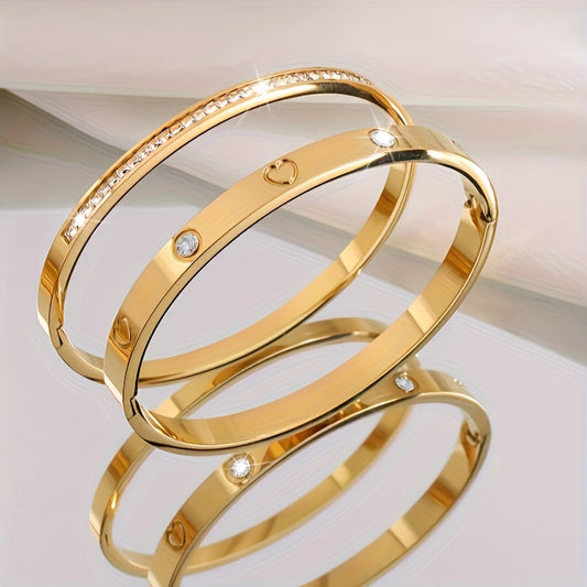 Elegant Stainless Steel Bangle Bracelet Set with Single Row Stone Accents - Vintage & Minimalist Design for Women, Ideal for Weddings & Parties, Great for Couples