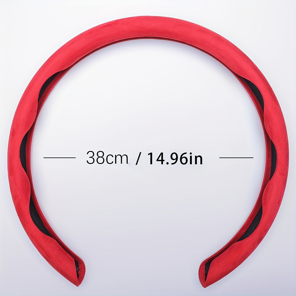 Non-slip, universal steering wheel cover with sweat-absorbing buckle for cars.