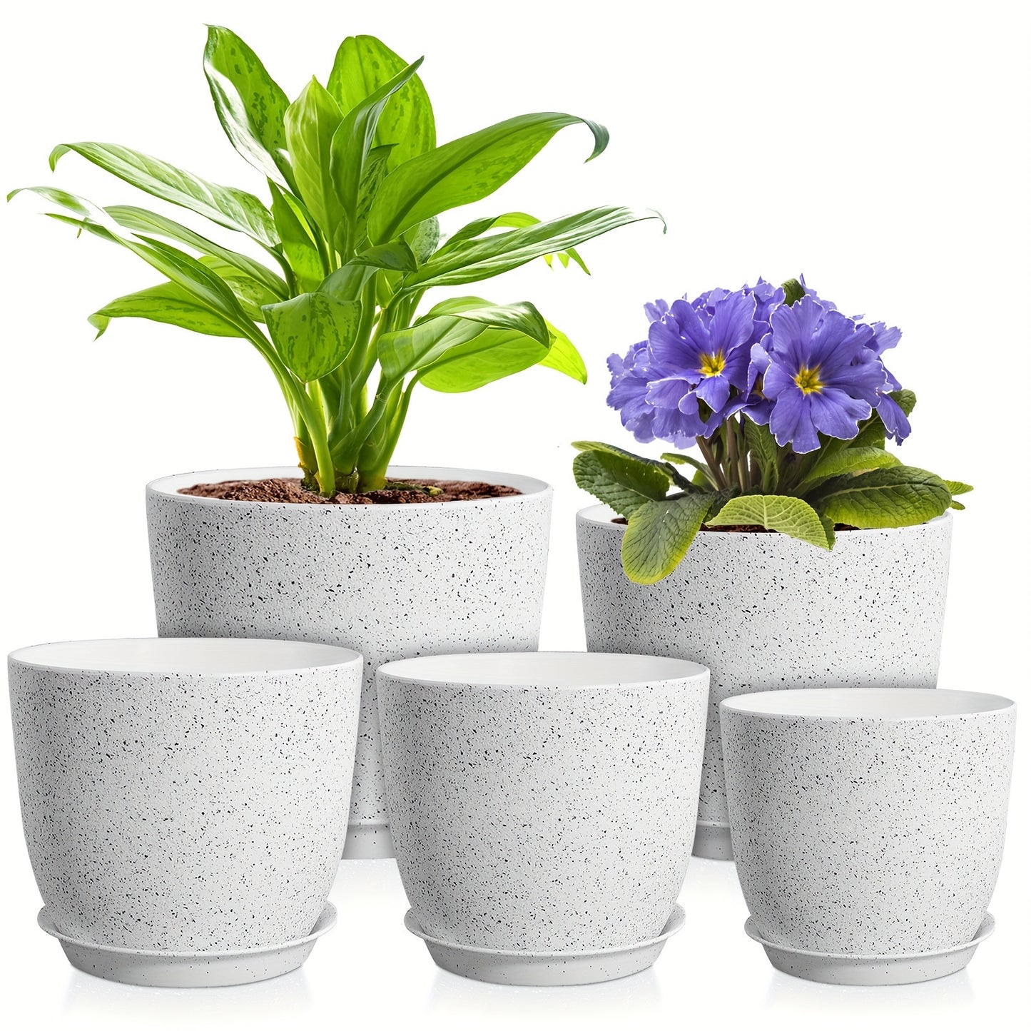 Self-watering planter set includes 5 durable plastic pots with drainage holes, ideal for indoor/outdoor use with succulents, snake plants, and African violets (plants not included).