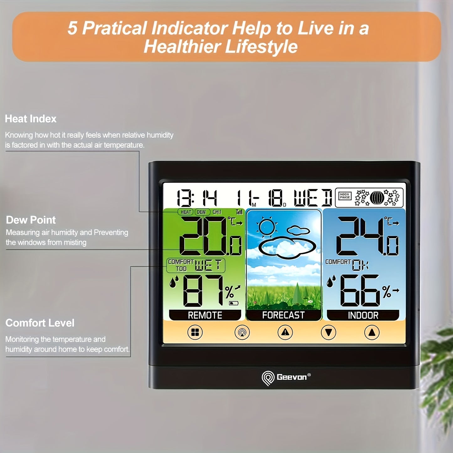 GEEVON Wireless Temperature Humidity Meter with Dew Point, Heat Index, Touch LCD display, Alarm, Adjustable Backlight, RFID function, and AC power supply. Made of ABS material.