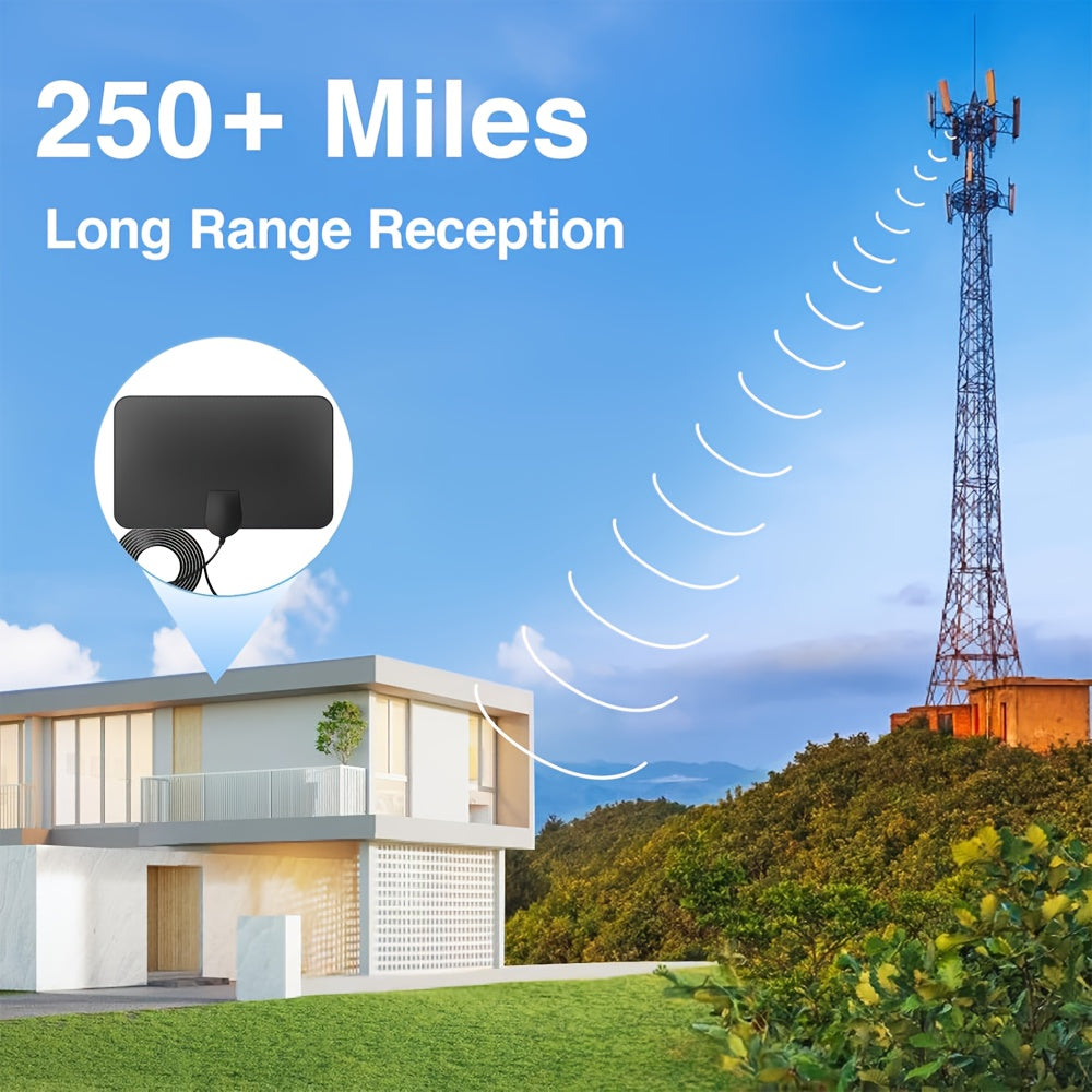 High-definition indoor digital TV antenna with amplifier, includes 5.0m coaxial cable, 250-mile range, supports HD and Ultra HD channels.