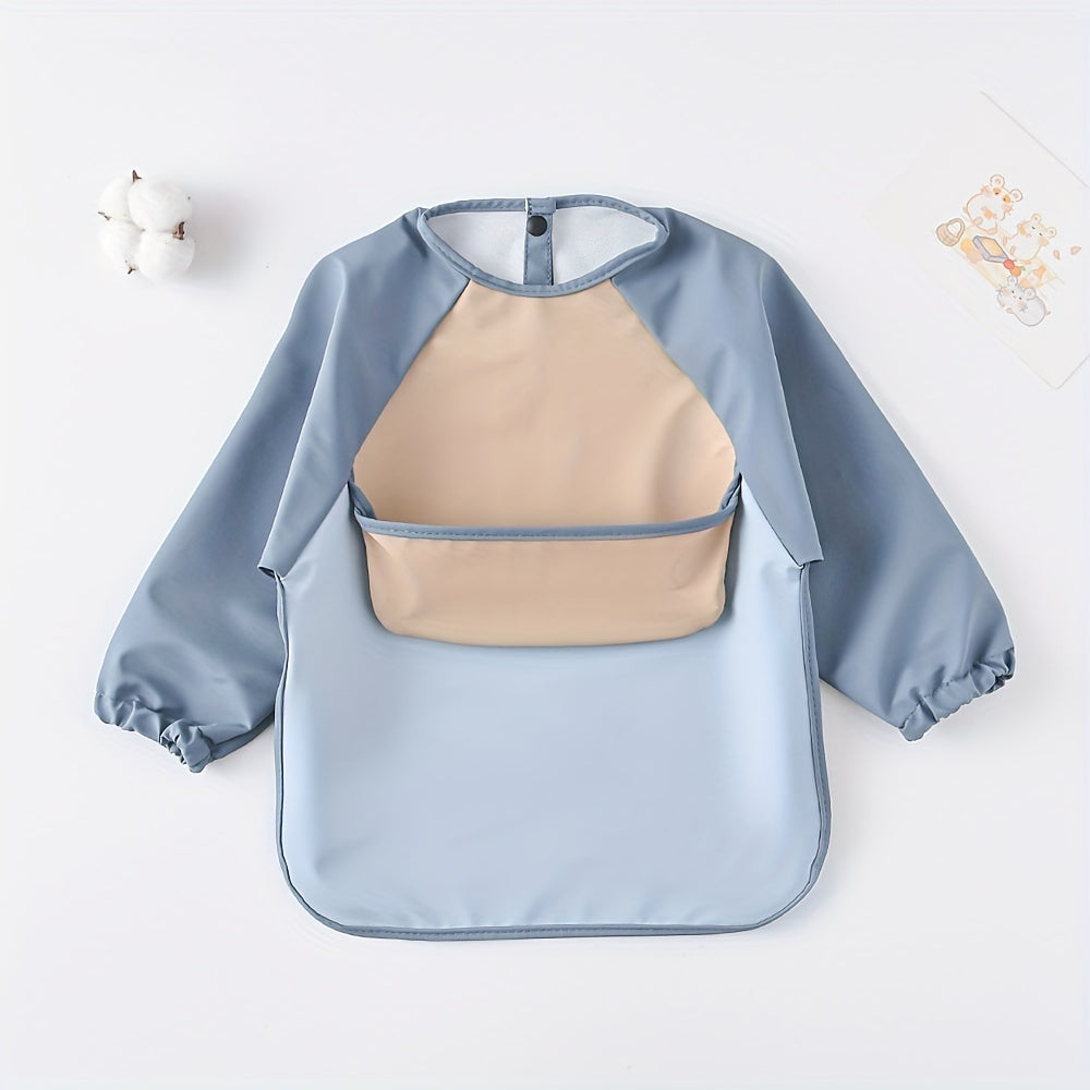 Long-sleeved reverse dressing bib for eating, with a super soft waterproof pocket for feeding.