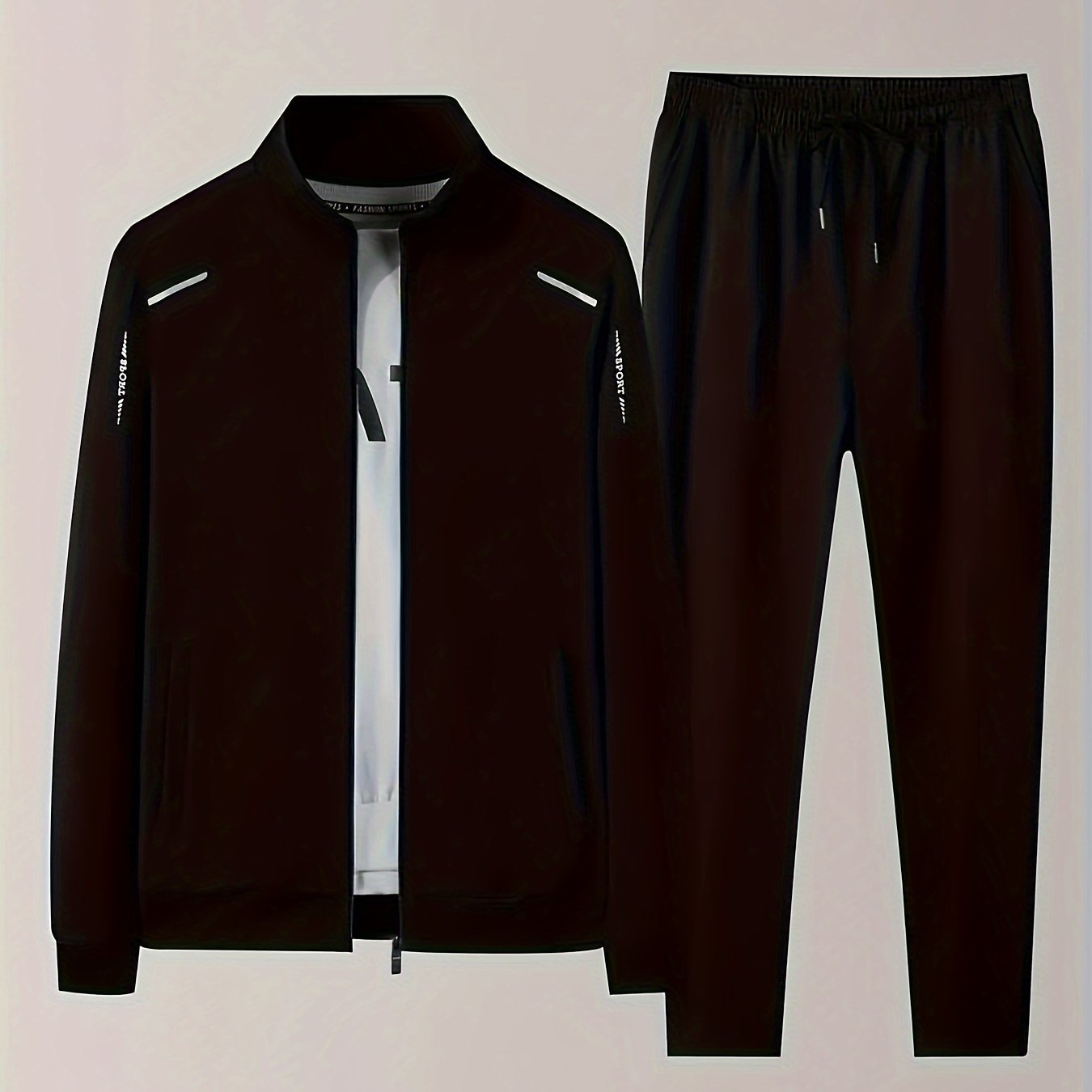 Men's Casual 2-piece Outfit for Fall/Winter: Solid Color Zip Jacket & Drawstring Pants