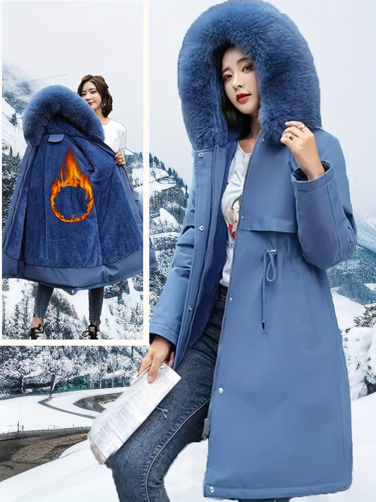 Women's polyester hooded winter coat with removable faux fur collar, warm fleece lining, windproof and water-resistant features, ideal for fall and winter.