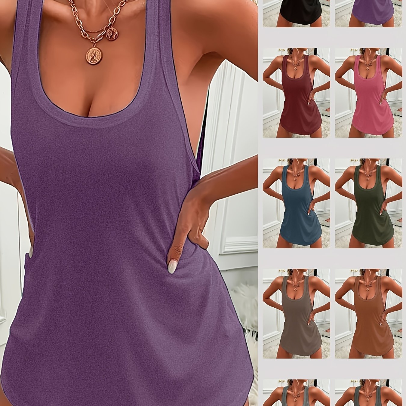 Casual solid sleepwear tank dress with racer back and curve hem for women, comfortable nightgown.